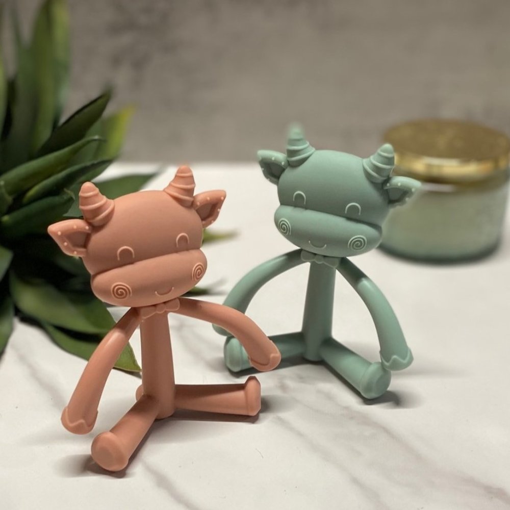 Farm Animal Baby Toy Set of 2, Silicone Teether, Pink, Green, Sensory Baby Toy